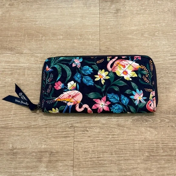Vera Bradley Navy Floral Flamingo Zip Wallet with Pink Accents - Picture 10 of 11